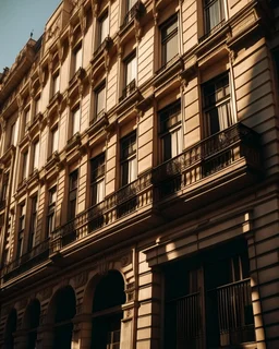 facade of huge building in a Spanish city, close-up, real photography, photojournalism, 16K, shot with Leica camera, 35 mm lens, warm light between shadows