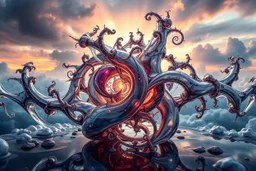 Dynamic complex hypnotic fractal 3D structures horizontal Symmetry twisting and morphing between organic and geometric forms , smooth translucent iridescent glass with inner glow and bubbles, varied transparent materials, stormy skies, intense dramatic