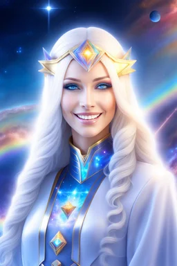 cosmic woman smile,galactic fédération, admiral from the future, one fine whole face, crystalline skin, expressive blue eyes,rainbow, smiling lips, very nice smile, costume pleiadian, Beautiful tall woman pleiadian Galactic commander, ship, perfect datailed golden galactic suit, high rank,rainbows hair, hand whit five perfect detailed finger, amazing big blue eyes, smilling mouth, high drfinition lips, cosmic happiness, bright colors, blue, pink, gold, jewels, realist, high,ufo,birds rainbow,