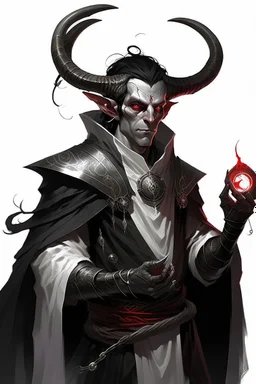 En Young male Pitch Black skin black hair tiefling Wizard with large horns glowing Silver and White symbols Everywhere on his body. He's wearing silver and White Rope and a silver cloak. His horn a perfectly place on acet from the front to the back pointing upwards with glowing Red cat Eyes. His close is elegant get simple his horns Are Same size.