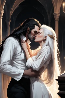 Remove his beard. Strahd Von Zarovich being kissed by a beautiful woman with white hair, wearing an off the shoulder dress. Settling and background are a lavish toomb with an ebony coffin. Remove his beard.