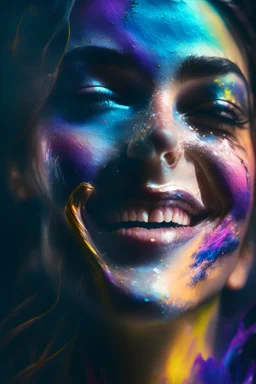 ultra detailed artistic abstract photography of a beautiful smiling woman, midnight aura, night sky, detailed gorgeous face, extremely detailed eyes, soft liquid rainbow smoke, dreamy, glowing, backlit, glamour, glimmer, shadows, oil on canvas, brush strokes, smooth, ultra high definition, 8k, unreal engine 5, ultra sharp focus, art by alberto seveso, artgerm, loish, sf, intricate artwork masterpiece, ominous, matte painting movie poster, golden ratio,trending on cgsociety, intrica