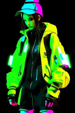 y2k, neon, fluo, cloth transparent, techwear, walkman, pop, blade runner