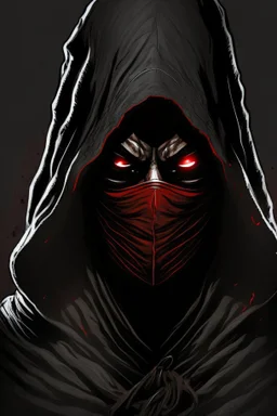 Dark warrior, black robe, not visible face, comic style, red eyes