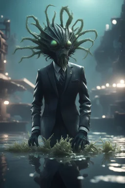 xcom's terror from the deep giger style alien with suit and tie and sea weed crown crawling onto the icy docks in fallout 4 setting, bokeh, downlight, prize winning, depth of field, in the style of ivo caprino