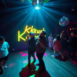 MR Kukrunk is Benny and "DJ Roy" in a disco, dancing, "Kukrunk" on sign wall, disco light, strobe, disco ball, dancing people