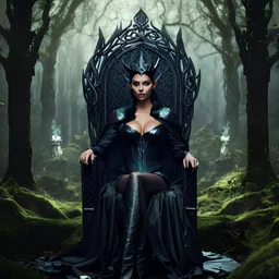 Morena Baccarin as a beautiful sexy dark elf queen seated elegantly on a throne in a mystical forest, dark celtic vignette frame, photo-realistic, cinematic lighting, award-winning photography