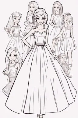 outline art for kids barbie coloring pages with barbie and her friends, no background, sketch style, full body, only use outline, mandala style, clean line art, white background, no shadows and clear and well outlined. should look exactly like barbie