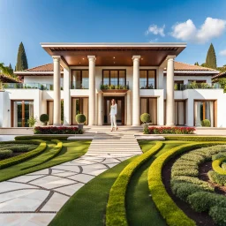 full body closeup of young lady in pants an blouse standing in garden of luxury villa