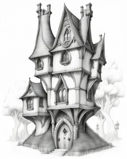 A pencil sketch front elevation line drawing of a tall, narrow, twisted, mediaeval fantasy house.
