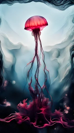 photo RAW, (Black and pink : Portrait of a ghostly jellyfish, shiny aura, highly detailed, gold filigree, intricate motifs, organic tracery, by Android jones, Januz Miralles, Hikari Shimoda, glowing stardust by W. Zelmer, perfect composition, smooth, sharp focus, sparkling particles, lively coral reef background Realistic, realism, hd, 35mm photograph, 8k), masterpiece, award winning photography, natural light, perfect composition, high detail, hyper realistic, artful, digital art trending