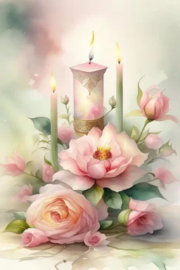 MAGIC A PYRAMID CANDLE IS BURNING AROUND WONDERFUL FLOWERS English watercolor, Smoky cream, pale gray, pale pink, pink background. bright light, a bouquet of roses on the table are pale pink, pale bordeaux, white, ochre. green stems, the light is translucent. Watercolor, fine ink drawing, peonies in an hourglass, elegant gold inlay, rich interior rose of the valley, leaves, nature, beautiful raindrops, beautiful fog, over a beautiful rainbow, fantasy, romantic dreamy mood, special attractions