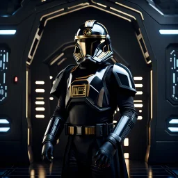 star wars bald male corellian pilot wearing gunmetal grey and black First Order special forces TIE pilot armored flightsuit and helmet with gold trim inside the jedi temple, centered head and shoulders portrait, hyperdetailed, dynamic lighting, hyperdetailed background, 8k resolution, volumetric lighting, light skin, fully symmetric details