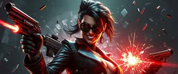 airbrush 3d rendering, mafia cyberpunk stylish lady dr smick Vex is now officially in stasis. No experiments. No clones. No accidental galaxy-ending breakthroughs. sci fi guns and rays, shattering glass background, flying debris, wicked smile, and pose
