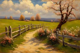 Clouds, spring trees, little pathway, fence, flowers, otto pippel impressionisn painting