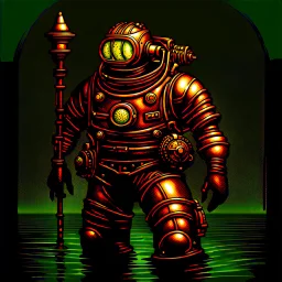 90's TCG art retro scifi art of a steampunk diver with big armor