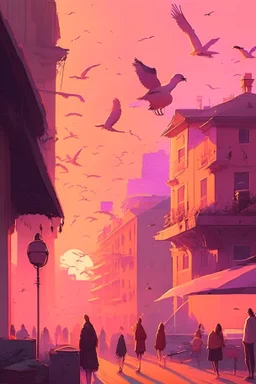 sunset, light pink, light orange, light yellow, light violet, buildings, city, people, market, houses, streets, lamps,birds