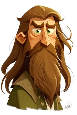 Gnom, braune lange wilde Haare, große, auffällig dicker Nase, grüne Augen, sehr jung (etwa zwanzig Jahre) , gebräunte Haut, ohne Bart, Mann
