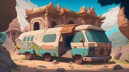 mordern camper van, near an ancient temple, 4 wheel of the van, anime style