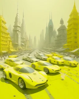 A pale yellow metropolis with speedy racecars painted by Zhang Lu