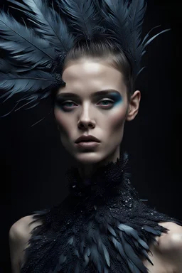 hyperrealistic scene YSL editorial photograph vogue of- mid-portrait of beautiful HD face model wears Alexander wang vogue dark style of clothing made of little iridescent bird feather, intricate details, highly detailed, cinematography, by pascal blanche rutkowski, artstation hyperrealism painting concept art of detailed character design matte painting, 4k resolution blade runner