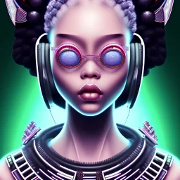 Tokyo Young girl. Afro. Pretty rounded face. Piercings. Headphones. Transparent glasses.Tattoo in face. Intense look. Glowing eyes. Make Up. Geisha mask. Photorealistic. Real light. Kiyoe. Japanese esthetic. Retrofuture. Hip hop. Black panther. Textile texture Detail. Bubble jacket irisdescent. Eyeliner. Guettoblaster. Real reflexion