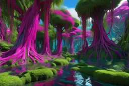 A magenta warped forest with a swamp designed in Maori sculptures painted by Claude Monet