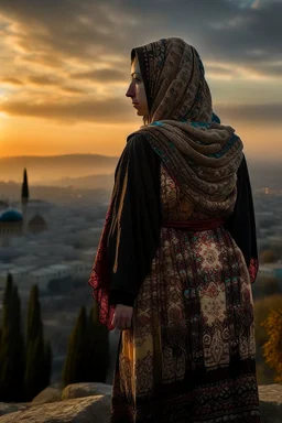 A Palestinian woman wearing an embroidered dress with the city of Jerusalem behind her during a winter sunset