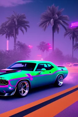 heckansicht dodge challenger fährt auf einem highway richtung horizont,miami vice, miami, neon ligths,chrome, synthwave, retro, high detailed,unreal engine, octane render, photo realistic, viele palmen,