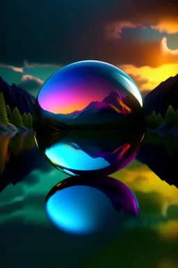 Abstract rendering of an iridescent glowing glass sphere with reflected an environment in which there is a lake with mountains