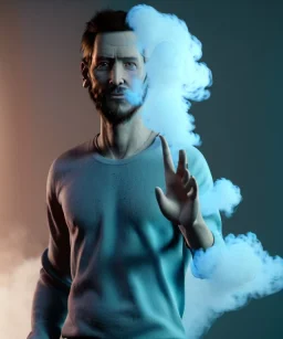 Realistic image, a guy making the fuck you gesture with his hand, blue smoke coming out of his eyes, nose and mouth. soft color, highly detailed, unreal engine 5, ray tracing, RTX, lumen lighting, ultra detail, volumetric lighting, 3d, finely drawn, high definition, high resolution.