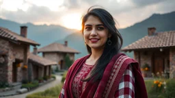 A photographic close shot of a beautiful a young Pakistani pashto woman (age 25 with beautiful black hair & pretty eyes) in a beautiful traditional maroon & white checkered dress with maroon dupatta happily standing outside beautifully decorated village houses made bricks with long grass & little colorful flowers & waterfall from mountains far behind her at beautiful cloudy sunset with sun-rays on her face showing cinematic & dramatic ambiance.