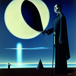 The Grim Reaper in Tron world, considering the future of the universe, art by Magritte and Elliot Erwitt