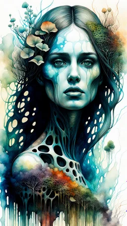 Zdzislaw Beksinski, and Peter Gric style ink wash and watercolors , full body illustration of a beautiful young girl , with big open eyes highly detailed facial features, mixed to anatomical portrait front view, visible plant like skeletal structure, wildly flowing splash colours , 8k octane, all in focus, clean , no grain, ethereal, otherworldly concept art in vibrant natural colors , do not include her face , it should be clean , make the neck shorter