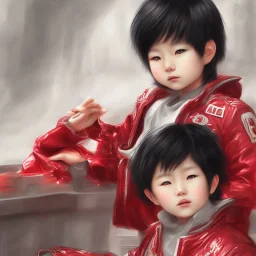 Distant Japanese child boy, black hair, sitting on floor with back to back, red akira jacket, extremely detailed, extremely realistic