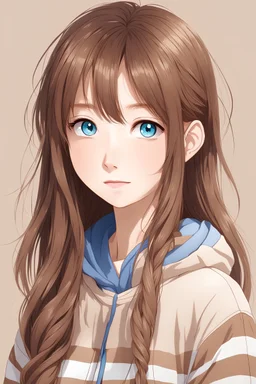 shy korean anime girl with long brown hair and blue eyes with a brown and creme striped hoodie with hearing aid