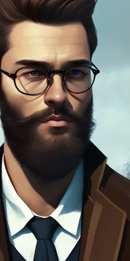 boy, young, glasses, beard, brown hair, brown eyes, medium hair, bangs side part, head and shoulders portrait, head and shoulders portrait, 8k resolution concept art portrait by Greg Rutkowski,