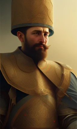 Islamic army commander from the Mamluk era, shield, sword, cinematic, 8k, resolution concept art portrait by Greg Rutkowski, Artgerm, WLOP, Alphonse Mucha dynamic lighting hyperdetailed intricately detailed