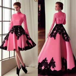 extravaganza wedding dress, short pink black shows legs, long sleeves show whole dress