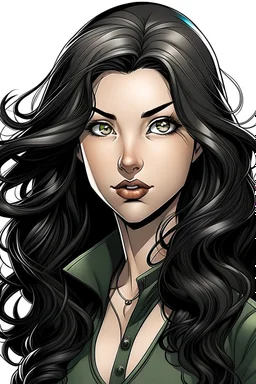 Female Caucasian, hazel green eyes, black long wavy hair,strong features marvel comic style
