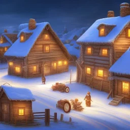 fantasy farming village at night with wooden buildings in winter