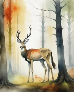 deer with antlers standing sideways, looking at viewer, realistic water color painted, among tall simplified tree trunks, foggy, pastels, colorful