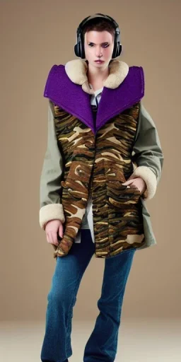 Image shows wholly a Brunette. average body type. Mantle is sewed of recycled Denim and sewed together of camouflage pieces. Camouflage colors are orange,terracotta, cream and purple. Cream latex gaiter. Big bright purple/khaki felt tippet and cream or blue or lilac colored-hood. mantle is merged with satchel. . AKG-style headphones (gold rings!) is merged with small felt cap with small visor. Style: Haute Couture in 1936, Paris fashion in 2023, inspired by street art.