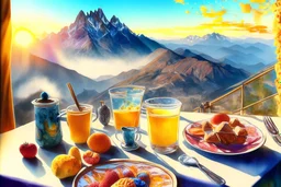 breakfast on a table on the terrace (orange juice, coffee in a cup, fruit, pastries), view of the mountains in the distance, Jean-Baptiste Monge style, surreal, a masterpiece, razor-sharp focus, dynamic lighting, watercolor and ink concept art extremely detailed psychedelic 8k beautiful high detail high definition colourful matte background Michelangelo Van Gogh colorful dramatic lighting fine art reflections whimsical National Geographic photography Alexander Archipenko Romantic Impressionism