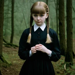 Young dakota fanning as Wednesday addams, braids, bangs, in tge woods