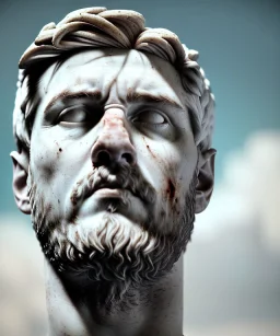 Ultra Realistic image, roman sculpture, white marble material, Lionel Messi, Caesar emperor Laurel crown, miguel angel style, chisel style, emperador, waist up portrait, epic, celestial, cinematic lighting, God light, god rays, 4k resolution, smooth details, ornate details, soft lighting, unreal engine 5, sky and clouds background.