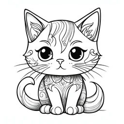 cute detail, cute cat, black and white, white background, clean lines, coloring page for kids