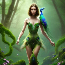 upper body of yohan diniz, fast walker, as a young cute feminine woman, short hair, green forest background, stream, mega flowers, tiny birds of many colors,peacock