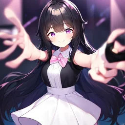 Clear focus,High resolution, Black long fluffy hair, and purple eyes, Teen, Sassy, black shirt, white collar pink bow, white short skirt, cute, smile, hands out, reaching out to you