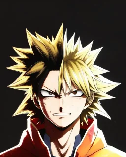 Detailed anime portrait of bakugo from my hero academia, gold hair and golden eyes, black suit, intricate details, full body portrait, keep head in frame, slight smile, black Japanese motif, concept art, highly detailed, digital painting, concept art, sharp focus, illustration, art by Yoji Shinkawa, WLOP and greg rutkowski and alphonse mucha and artgerm and yanjun Chen and Junji ito and Makoto Shinkai, HDR, octane render